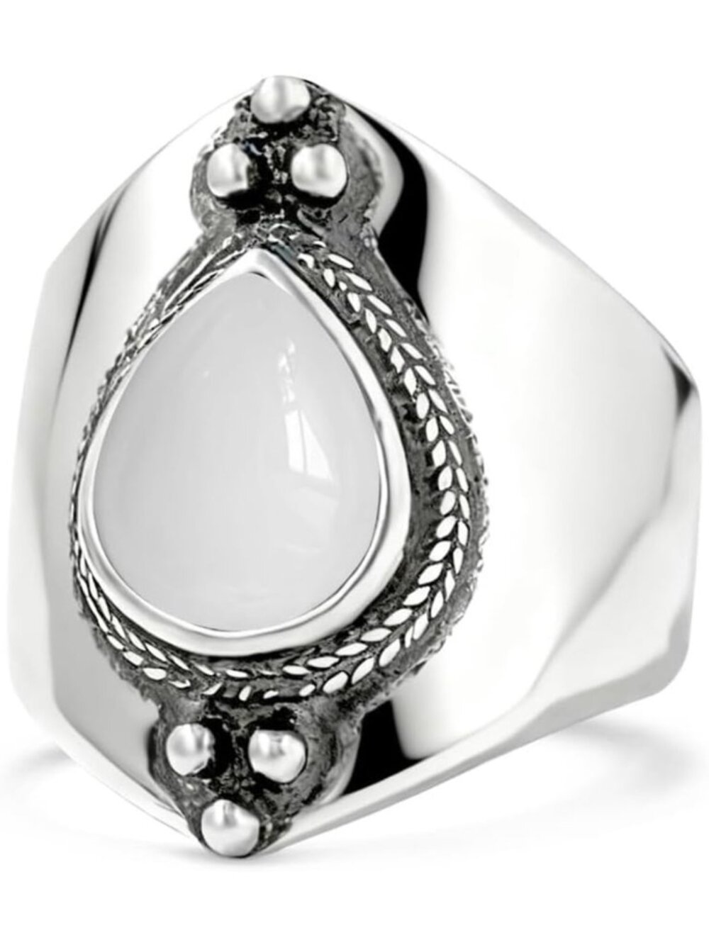 Natural Waterdrop Stone Wide Band Ring, Sterling Silver Teardrop Quartz Gemstone
